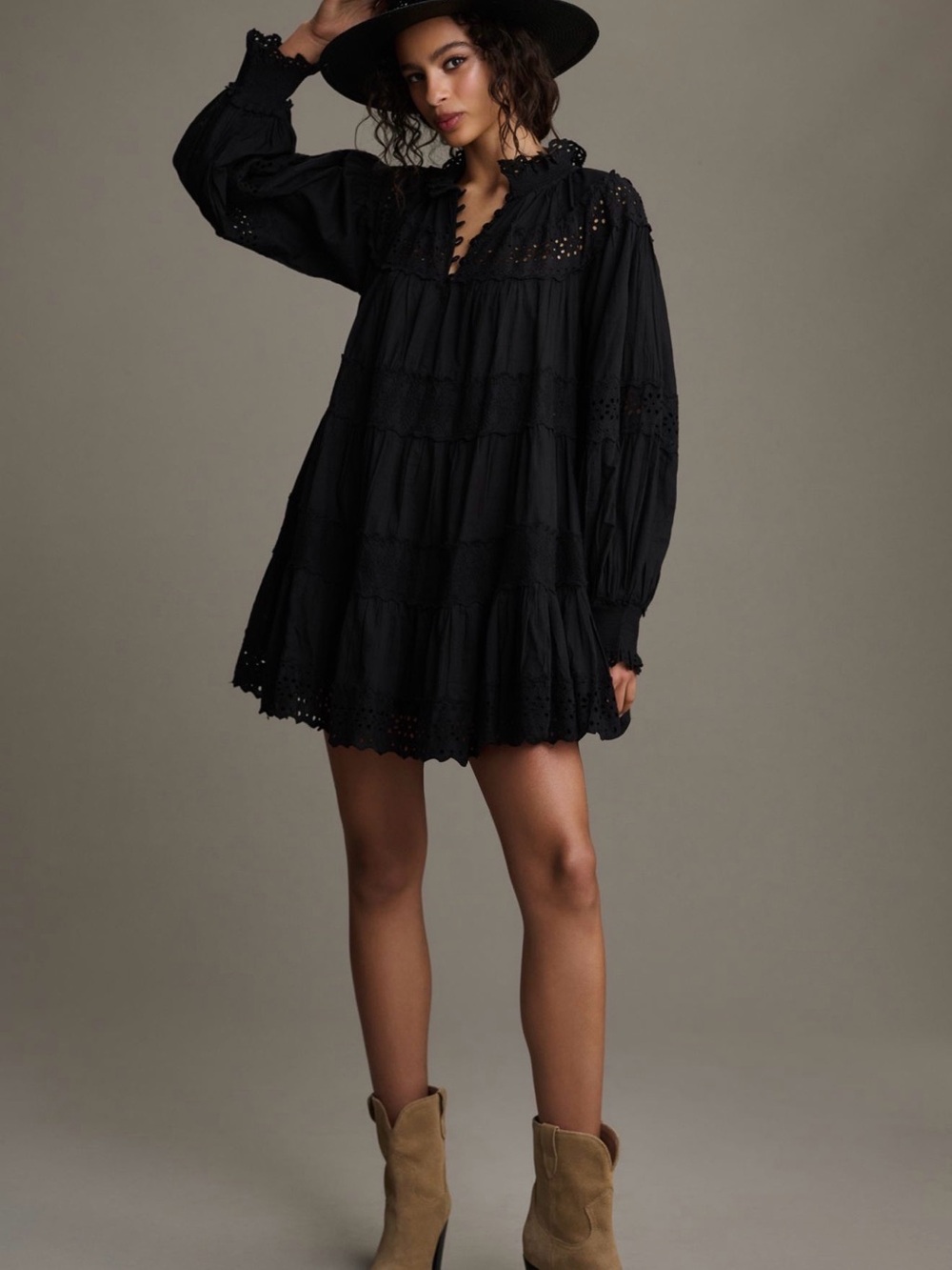 Anthropologie Maeve Long Sleeve Lace Black Mini Dress